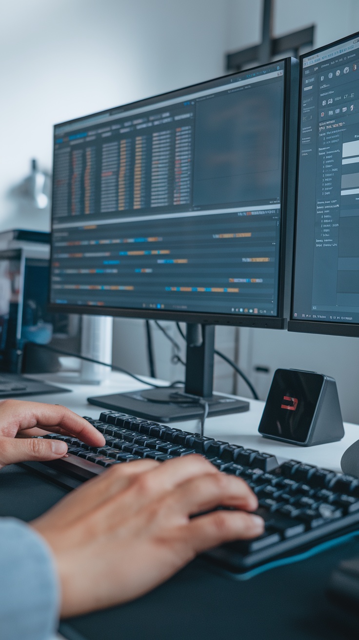 A close-up of hands typing on a keyboard in front of two computer monitors displaying data.