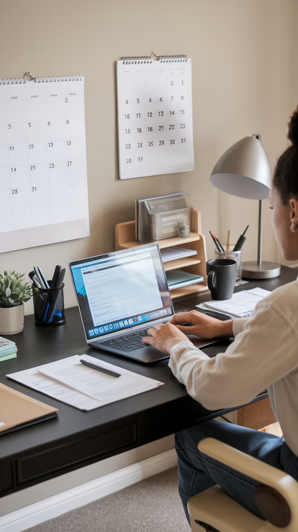 A person working on a laptop at a desk with calendars and office supplies.