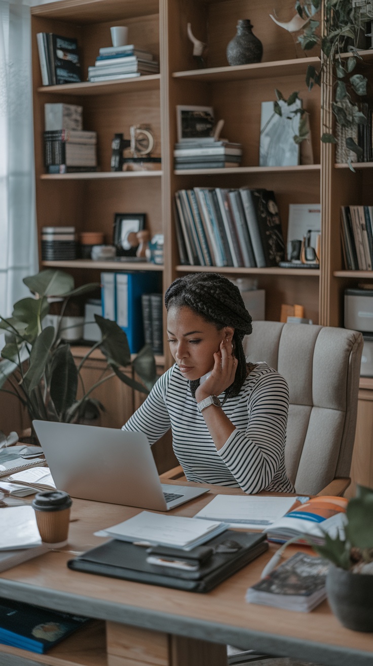 A focused individual working on a laptop in a well-organized home office, representing the role of a data entry specialist.