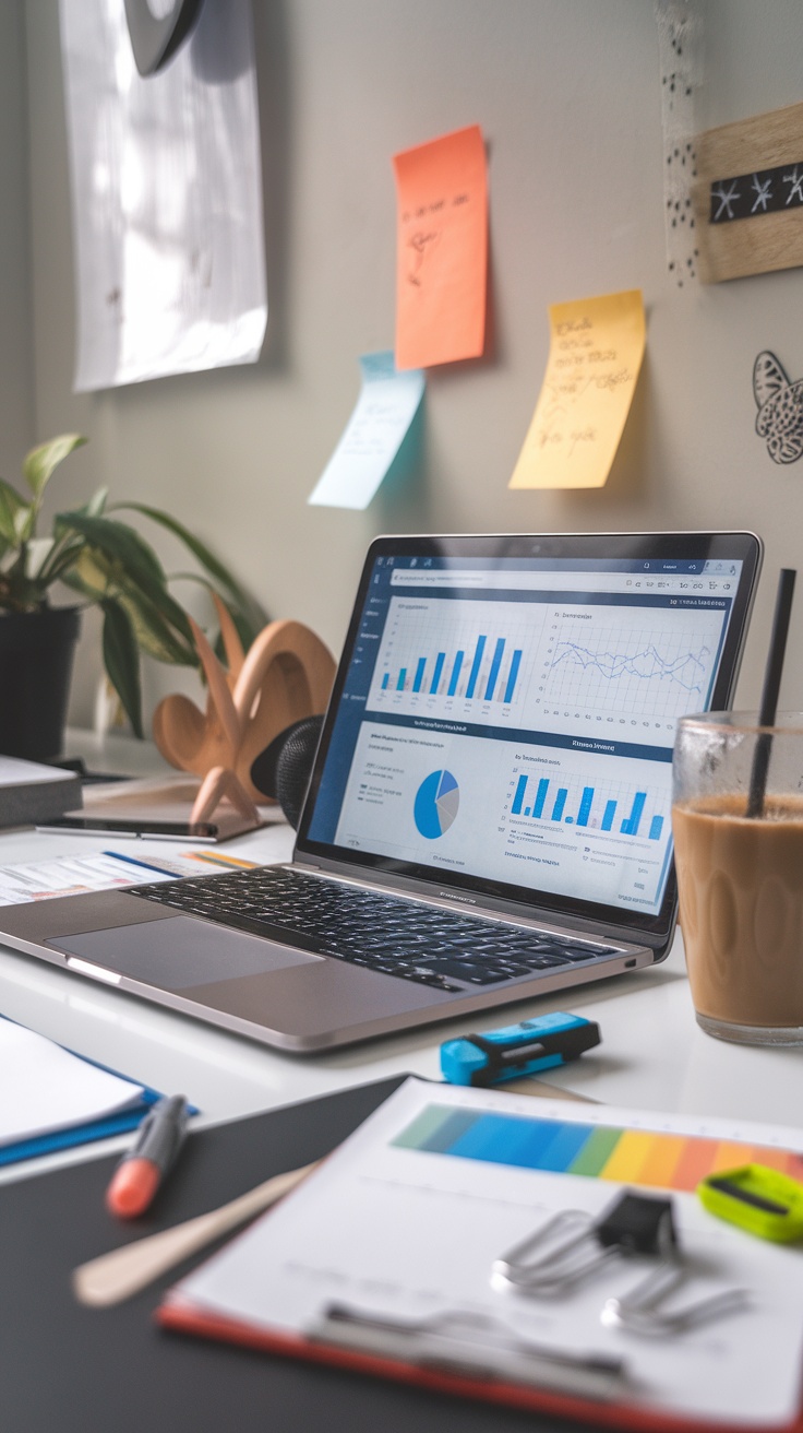 A workspace with a laptop displaying charts and graphs related to database management.