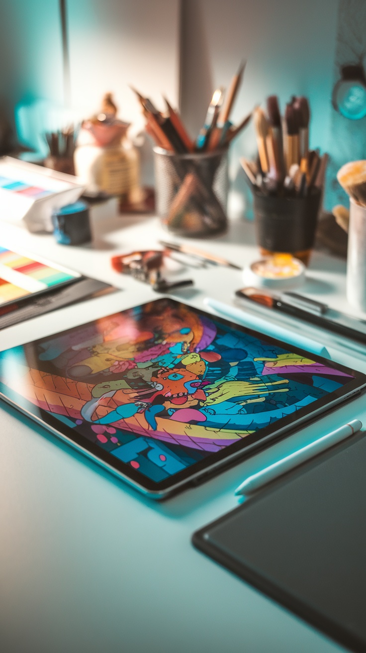 A colorful digital artwork displayed on a tablet surrounded by various art supplies.