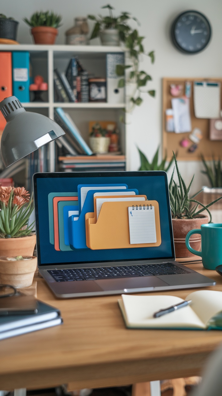 A laptop displaying colorful folders on the screen, surrounded by plants and a notebook on a wooden desk.