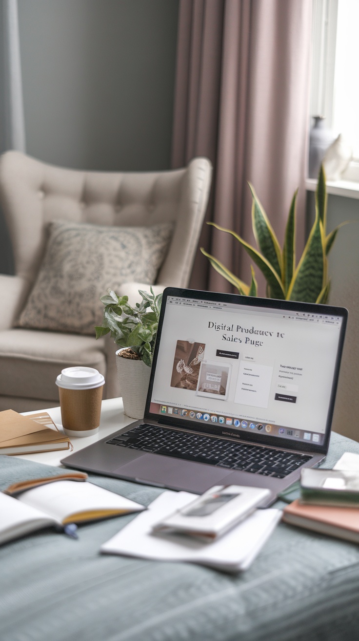 A workspace featuring a laptop displaying a digital product sales page, surrounded by notebooks, a coffee cup, and plants.