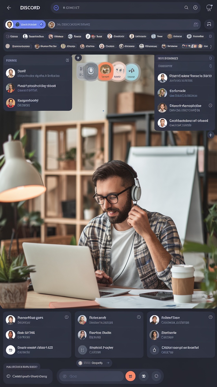 A freelancer using Discord on their laptop in a workspace.