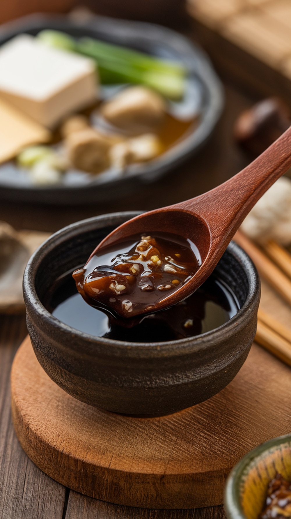 A bowl of Doenjang, a traditional Korean fermented soybean paste, with some ingredients for soup.