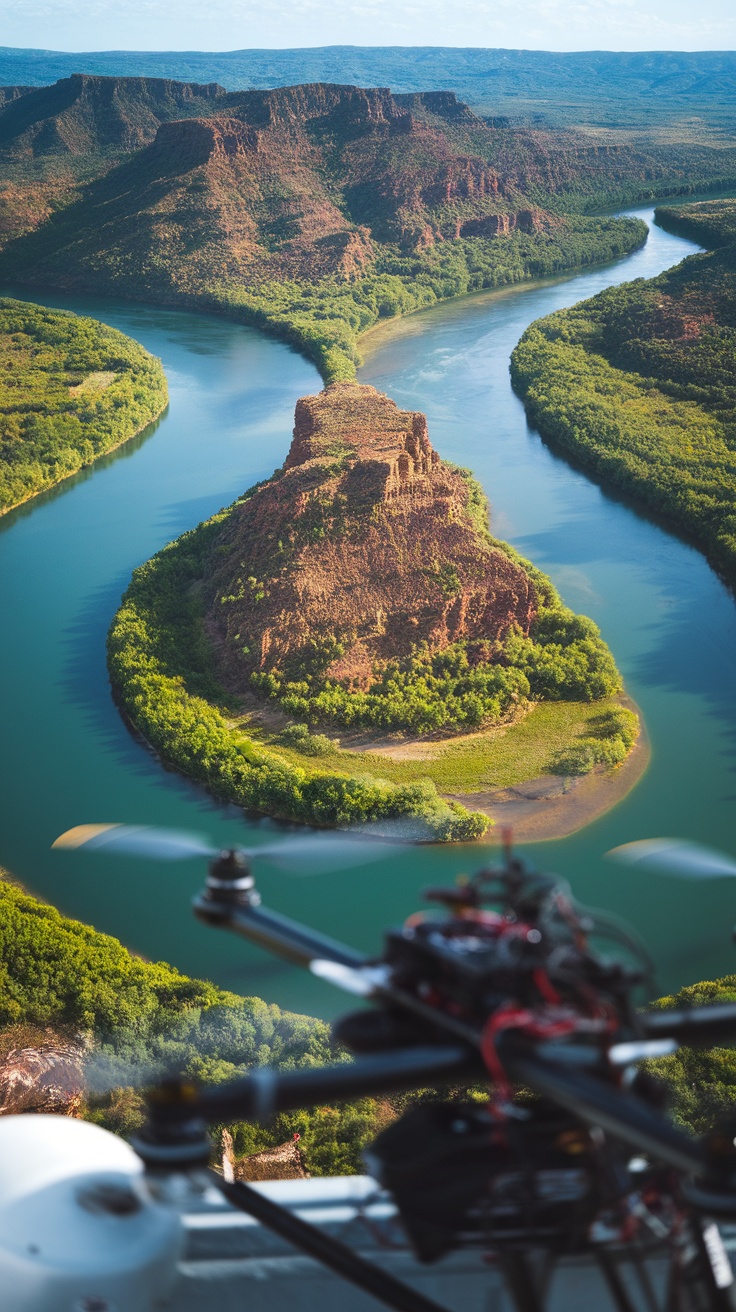Aerial view of a river winding through green landscapes with a drone in the foreground.