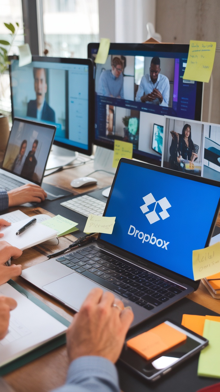 A workspace with Dropbox logo on a laptop, featuring multiple screens with video calls and sticky notes.