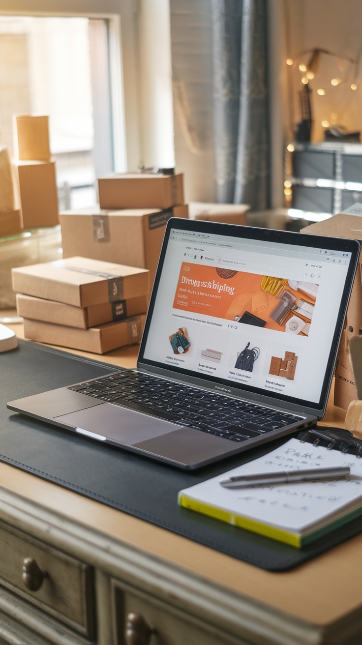 A laptop displaying a dropshipping website with boxes in the background, symbolizing a dropshipping business setup.