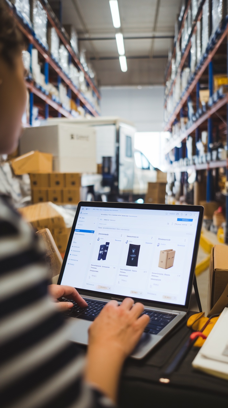 Person working on a laptop in a warehouse with shelves of products