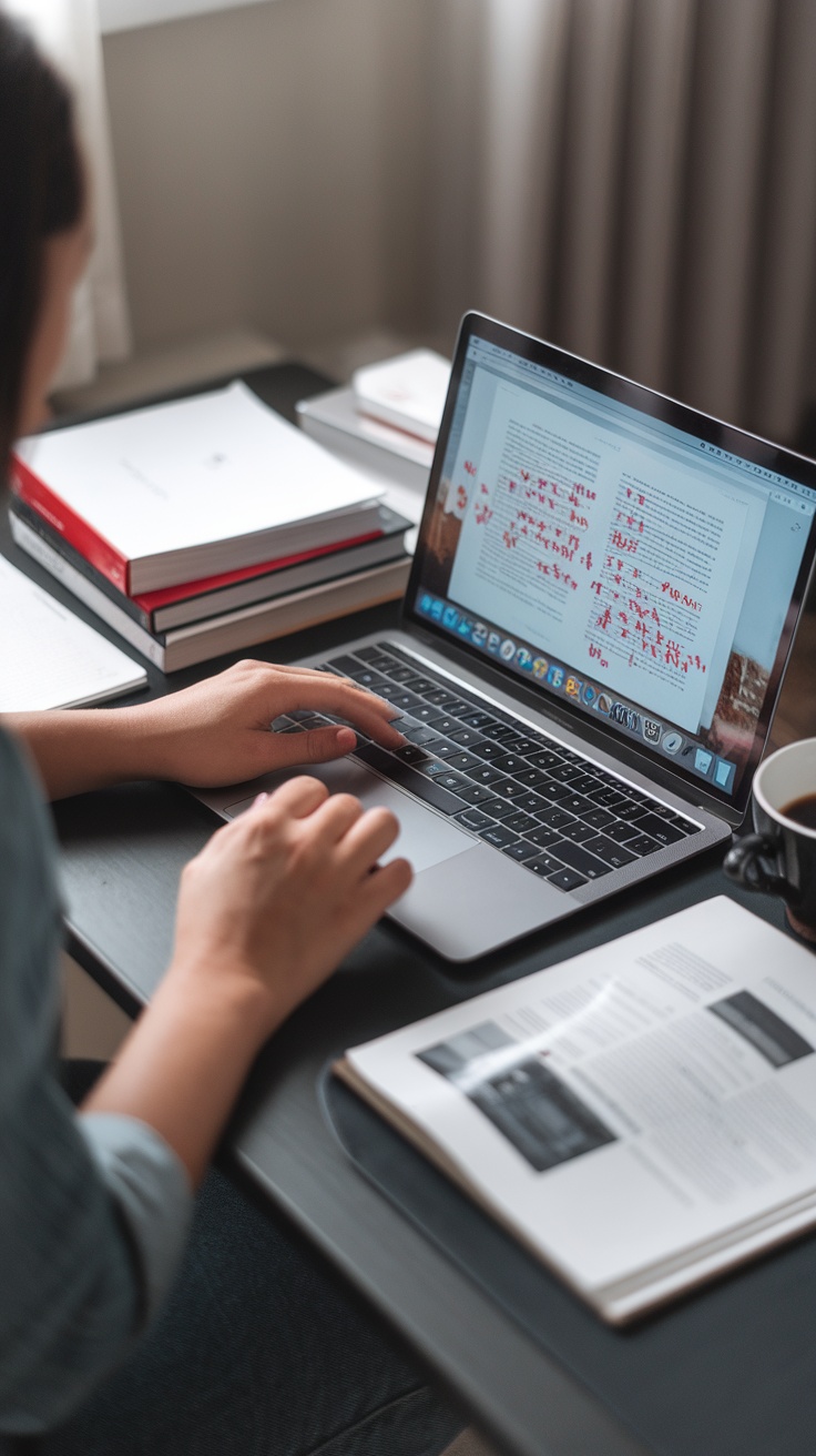 A person editing a document on a laptop, surrounded by books and coffee, focusing on improving the text.