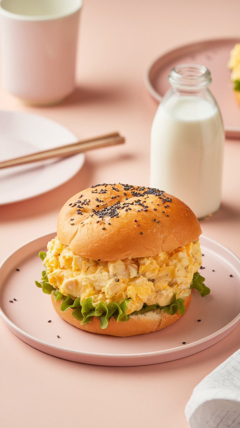 A fluffy egg salad sandwich with lettuce on a pink plate.