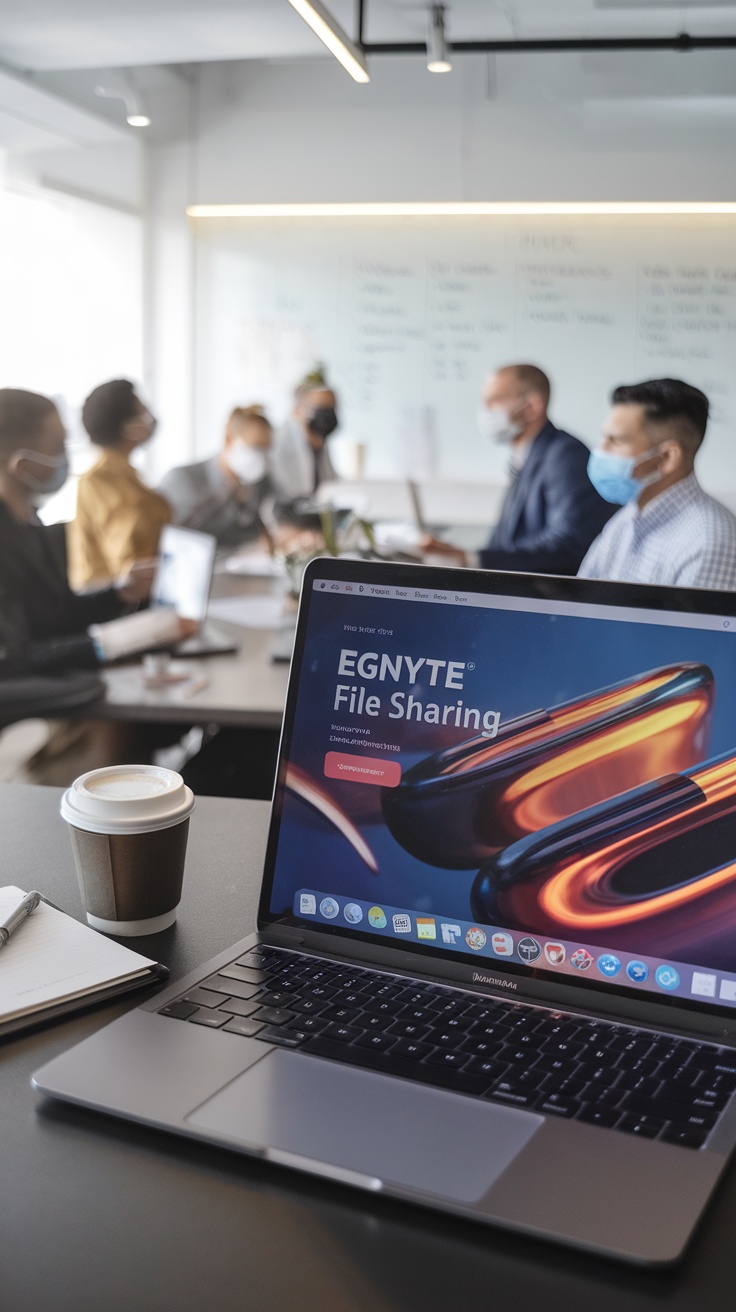 A meeting room with a team discussing while using Egnyte's file sharing tool on a laptop, highlighting collaboration for remote teams.