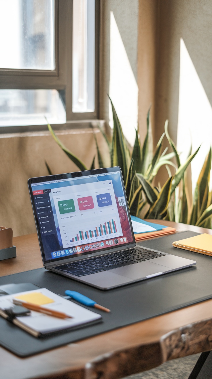 A laptop on a desk displaying analytics for email marketing, surrounded by stationery and plants.