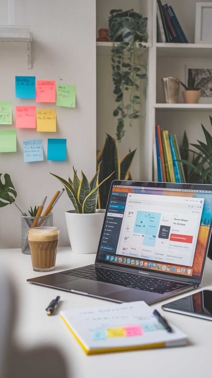 A cozy workspace featuring a laptop with email marketing tools, colorful sticky notes, a notebook, and a cup of coffee.