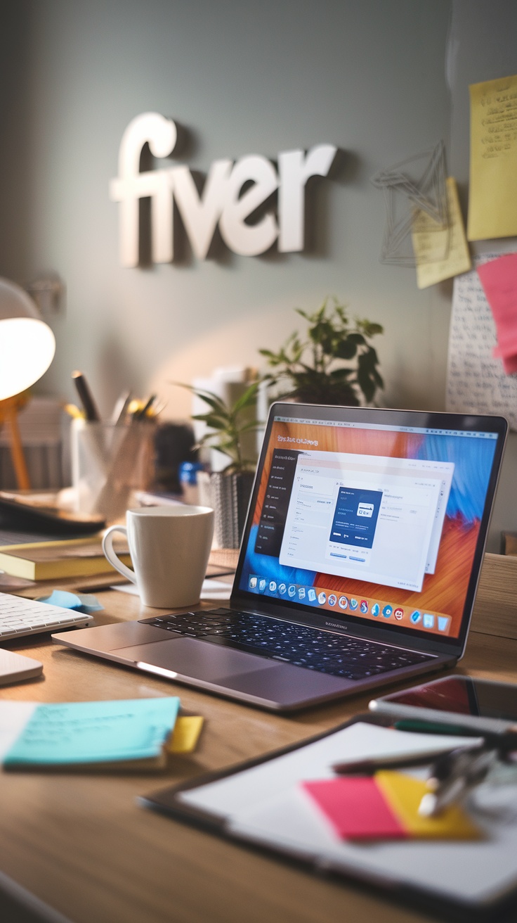 A laptop on a wooden desk displaying an email marketing platform, surrounded by stationery and plants, with a cup of coffee nearby.