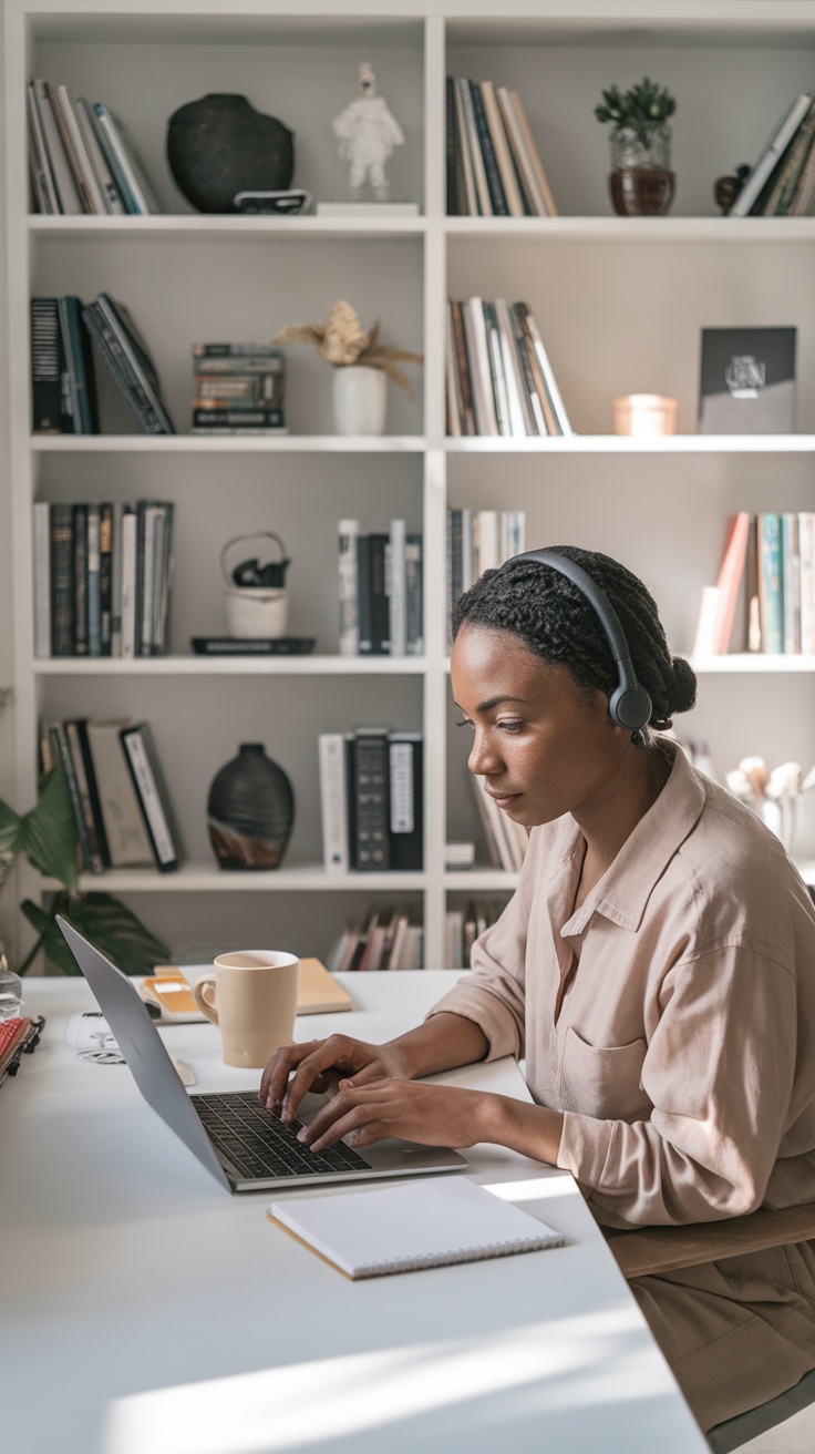 A person working on a laptop in a cozy home office, engaged in email support.