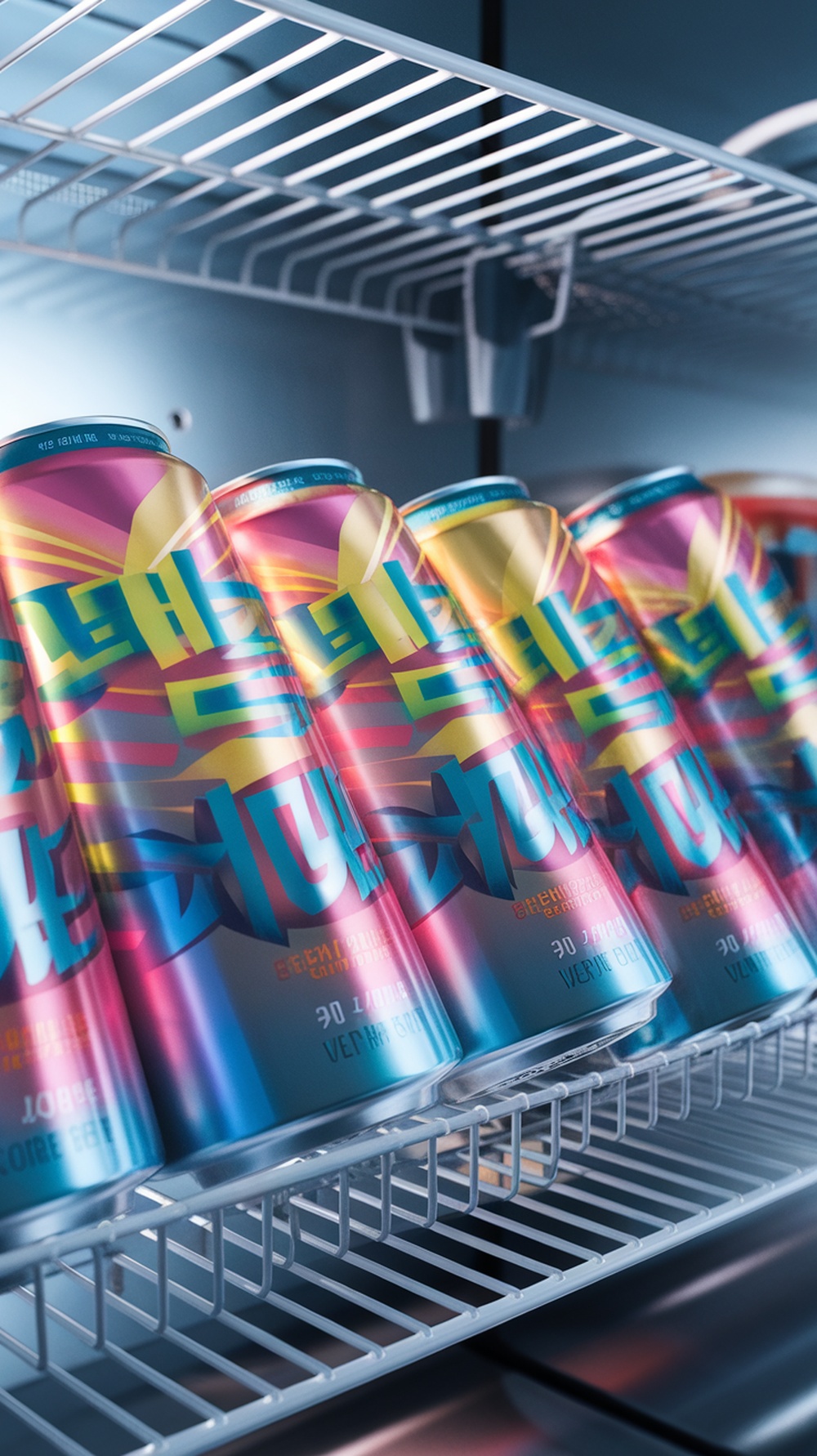 Cans of colorful Korean energy drinks displayed in a refrigerator.