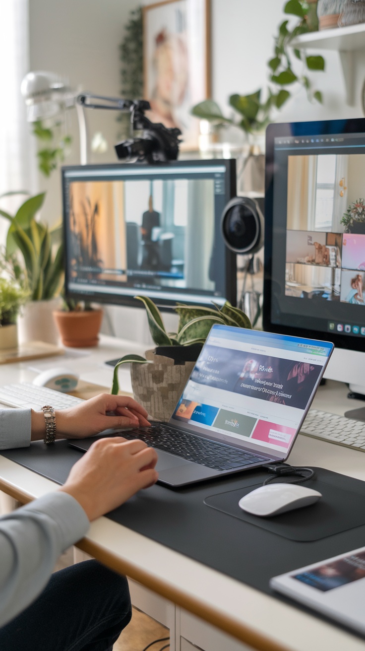 A freelancer working on a laptop at a stylish desk setup with dual monitors and plants.