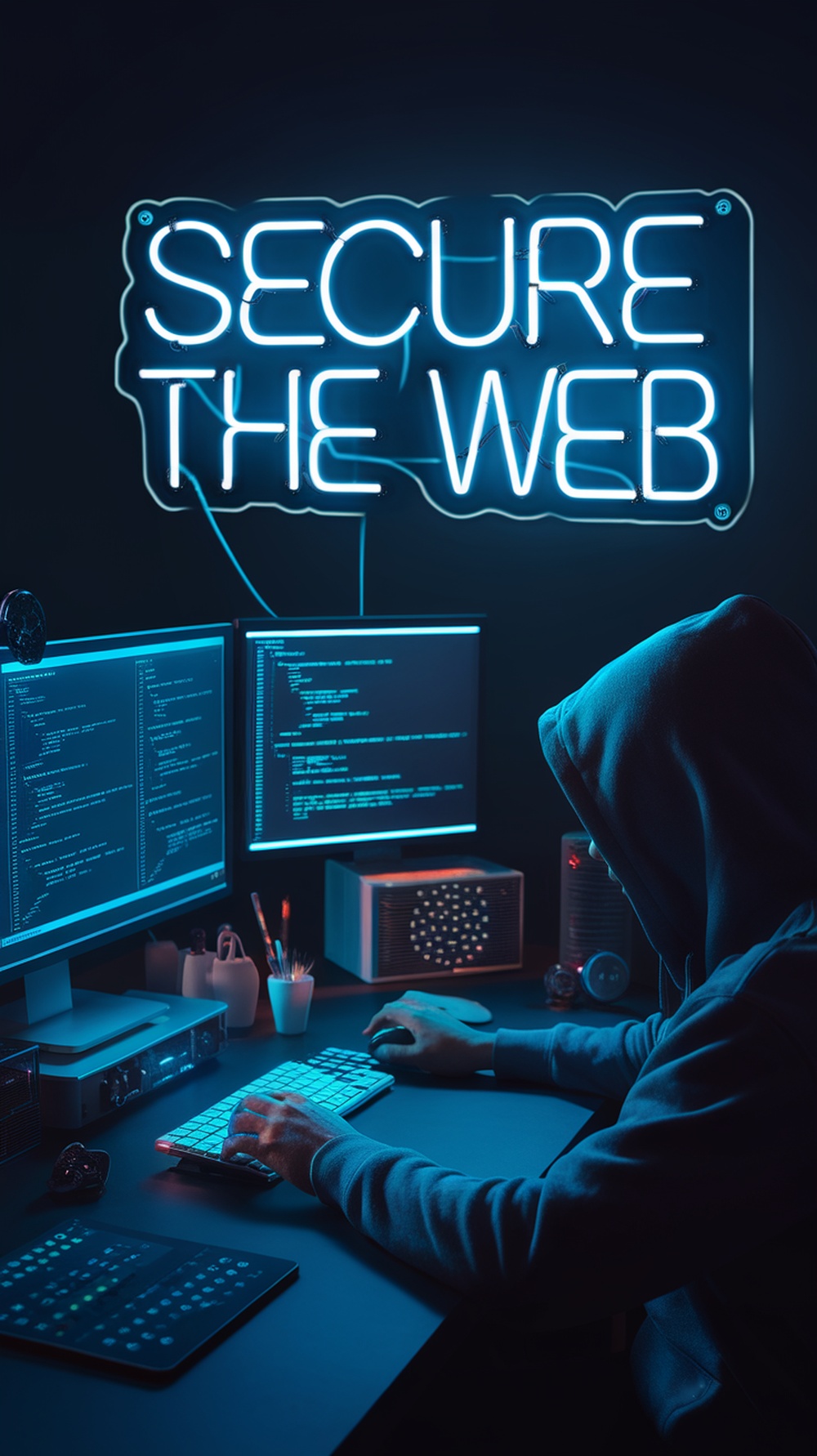 A person working on a computer with coding on the screen and a neon sign reading 'Secure the Web' in the background.