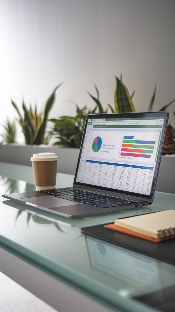 Laptop with Excel data and graphs on a glass table with a coffee cup and notebook