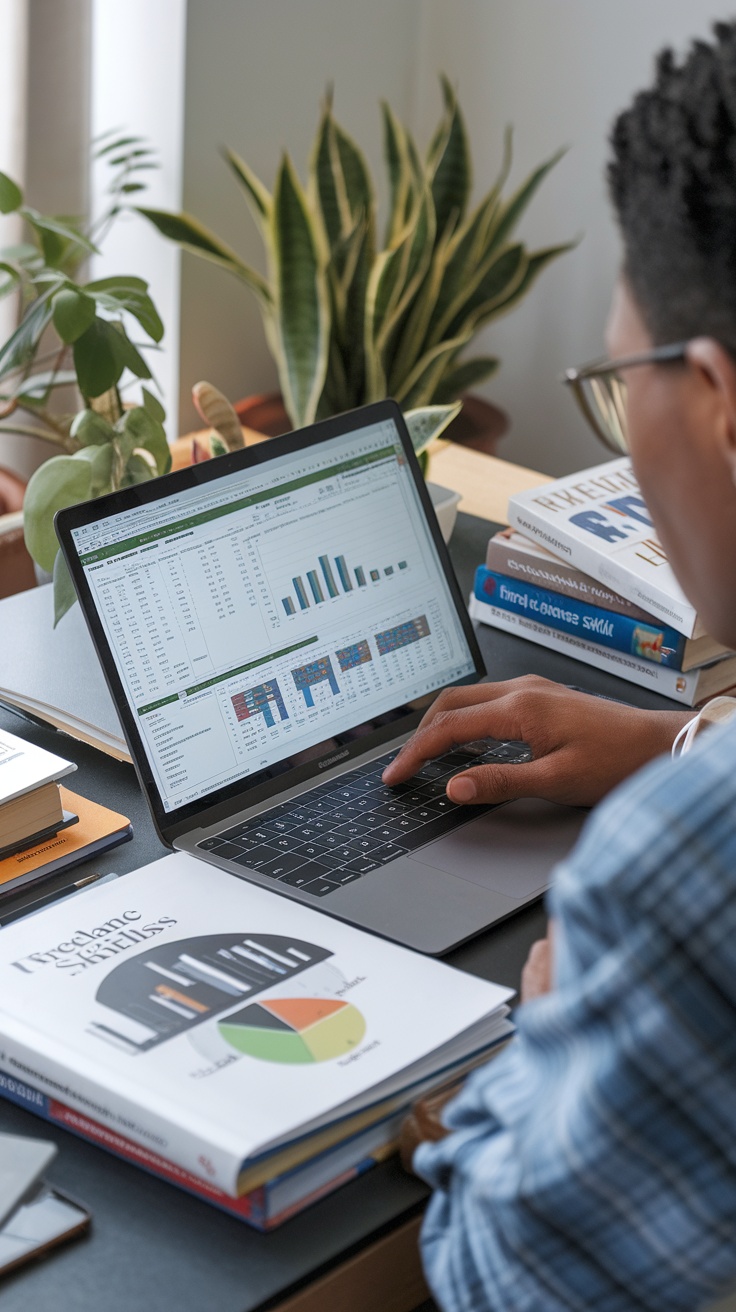 A person working on a laptop with Excel open, analyzing data and charts, surrounded by books on freelance skills