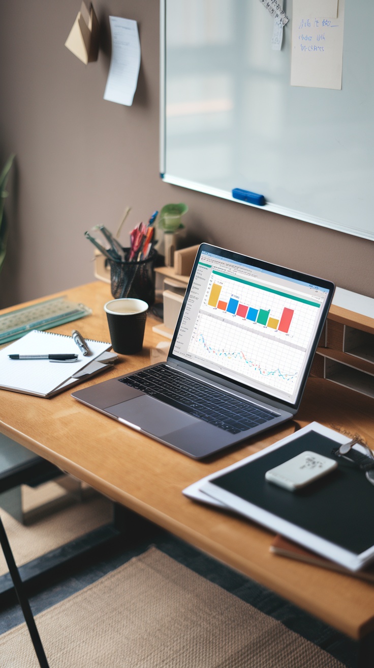 A tidy workspace featuring a laptop with colorful Excel charts, a coffee cup, and stationery on a wooden desk.