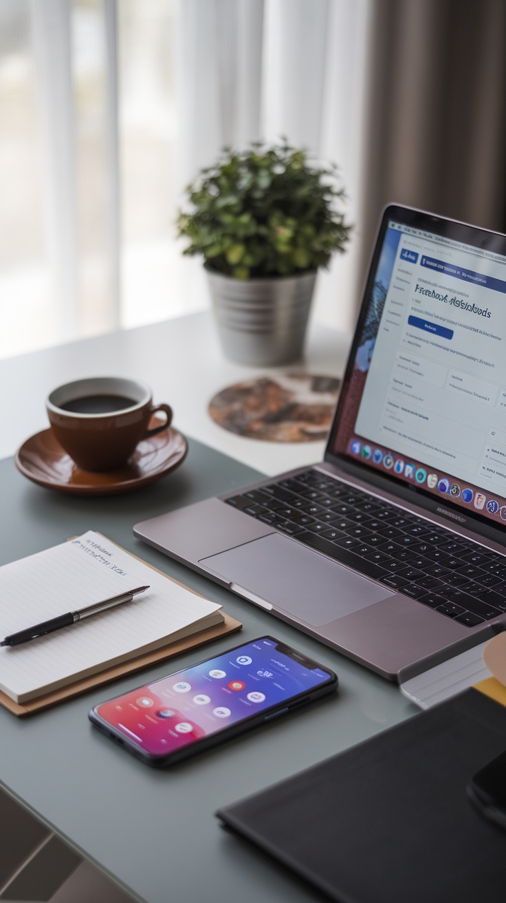 A workspace displaying a laptop, smartphone, notebook, and coffee cup, ideal for Facebook Ads Management.