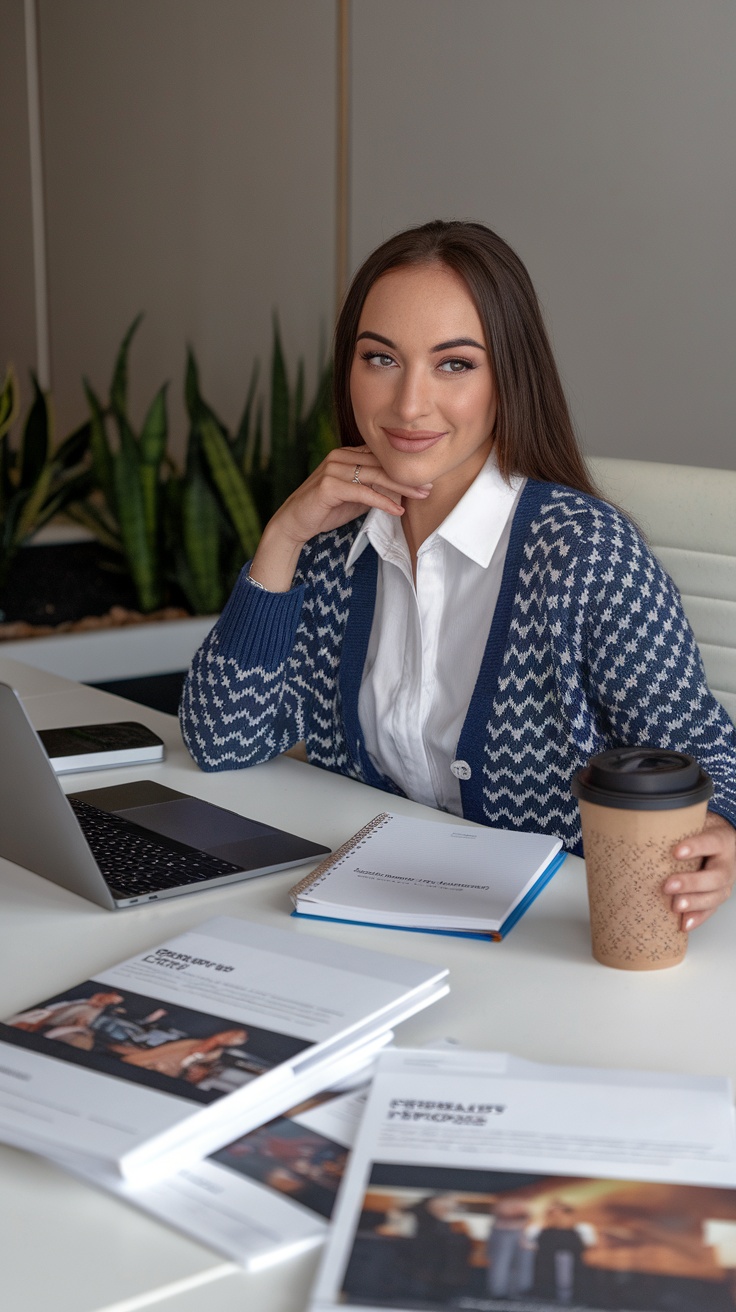 A woman sitting at a desk with a laptop and notebooks, smiling confidently.