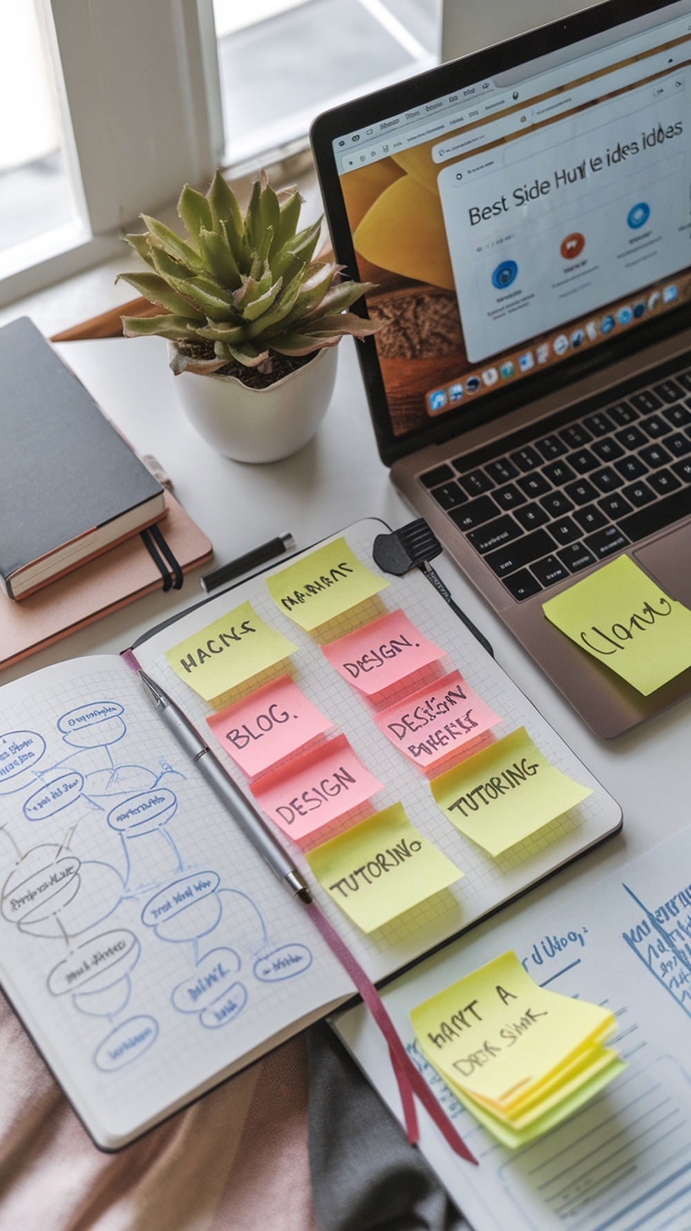 A workspace with sticky notes, a laptop, and a plant, illustrating brainstorming for side hustle ideas.
