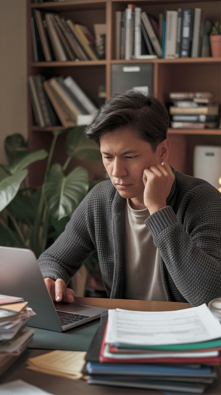 A focused individual working at a desk, surrounded by papers and a laptop, representing the role of a form filing assistant.