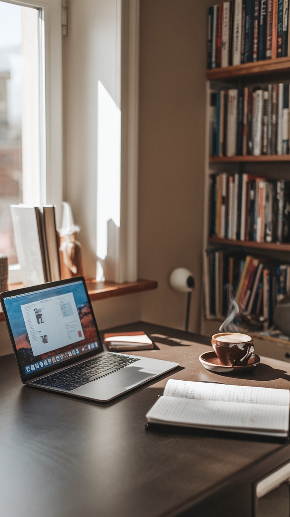 A cozy workspace with a laptop, a cup of coffee, and notebooks, representing a freelance writer's environment.