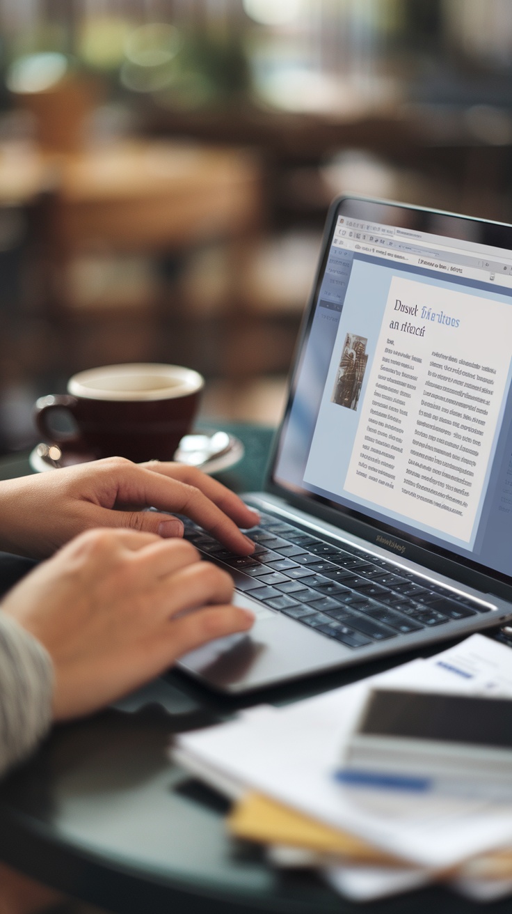 A person typing on a laptop with a cup of coffee nearby and some papers on the table, suggesting a cozy freelance writing workspace.