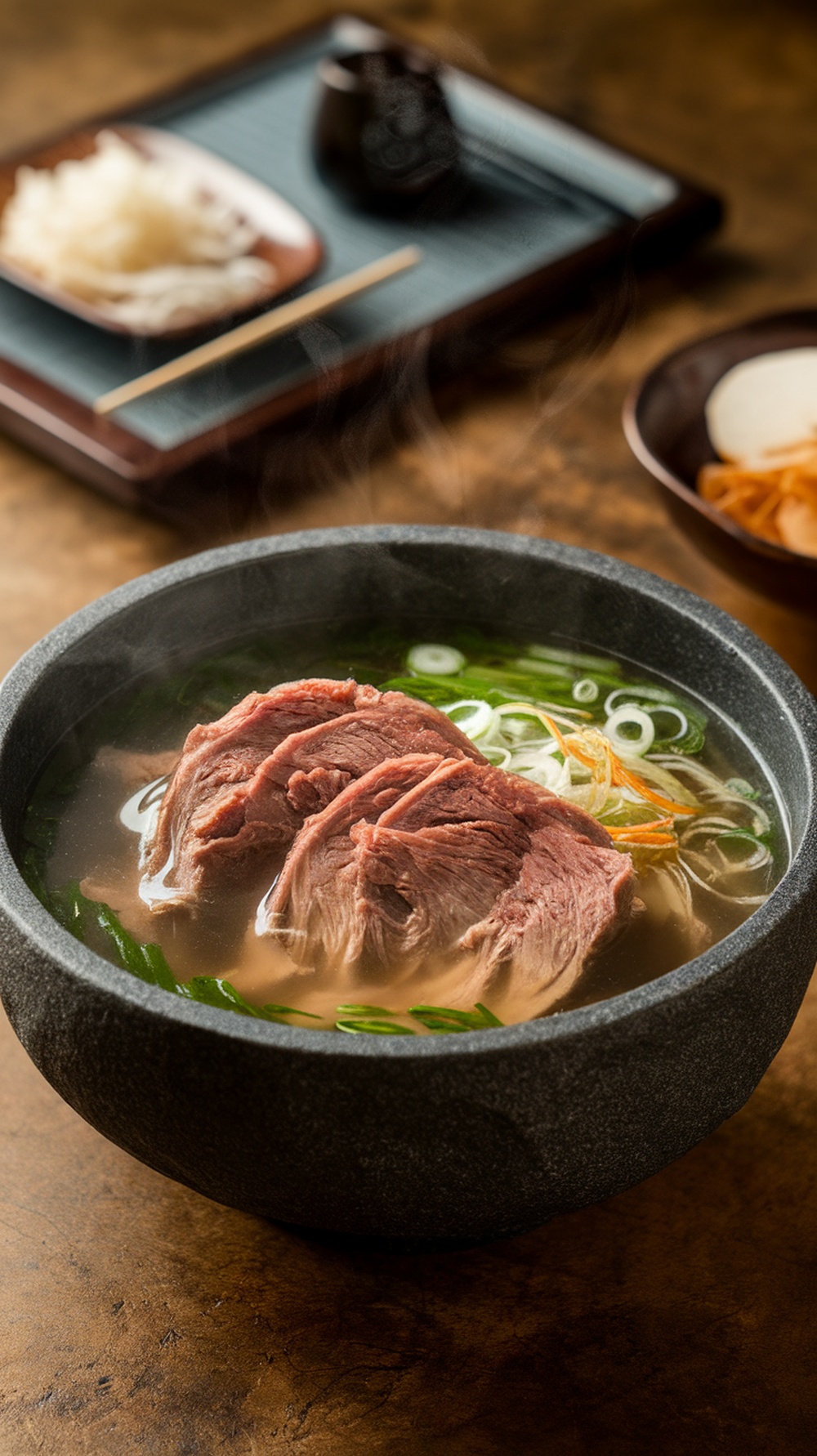 A bowl of Galbitang, Korean short rib soup, steaming with fresh green onions and tender beef.