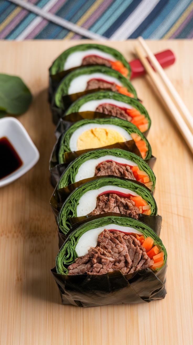 A close-up of beautifully prepared gimbap rolls, showcasing vibrant colors and a variety of fillings.