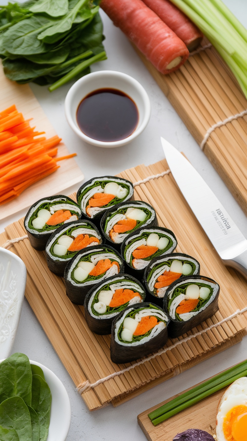 A plate of sliced gimbap with colorful vegetables and seaweed