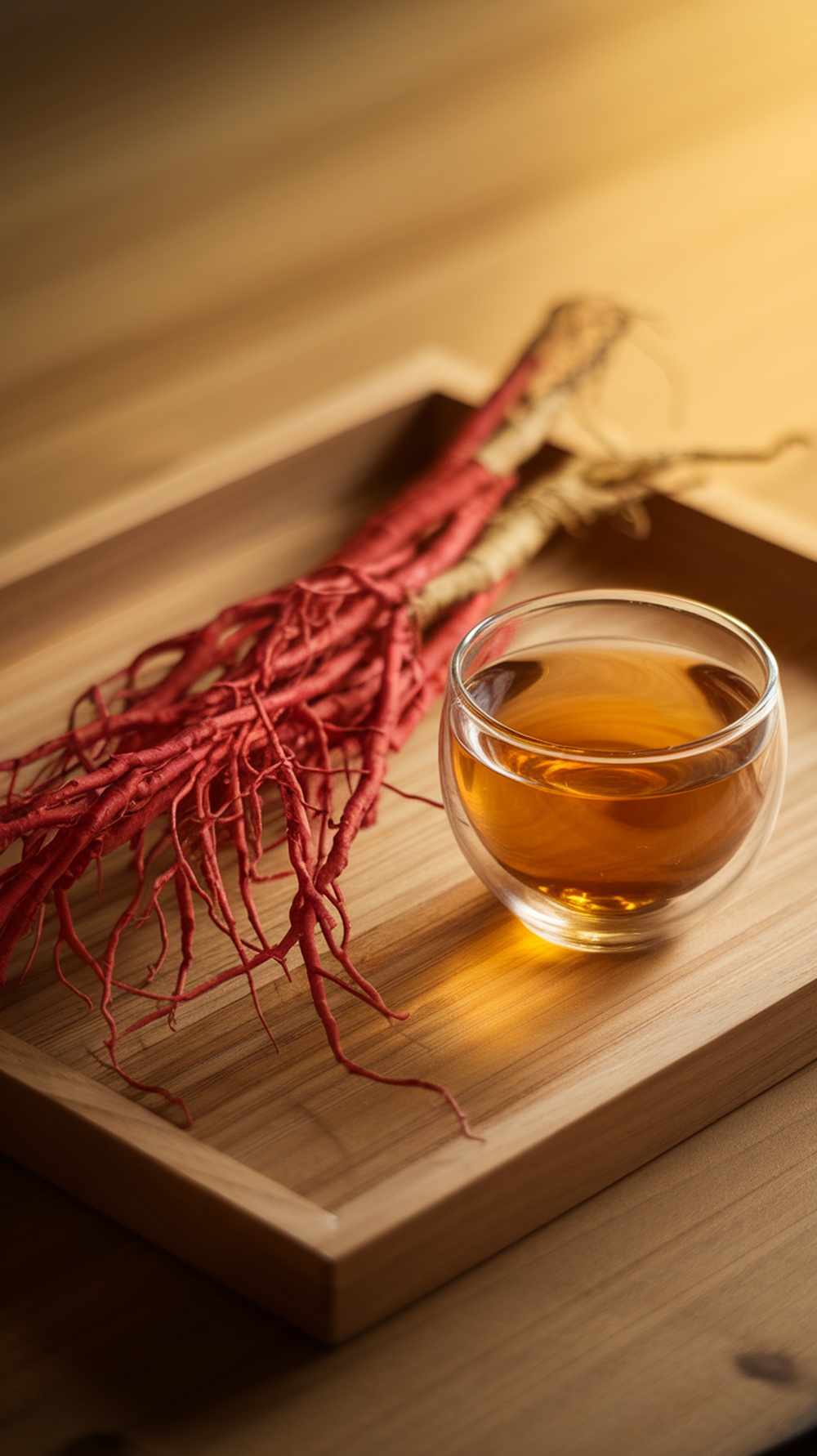 A cup of ginseng tea with ginseng roots.