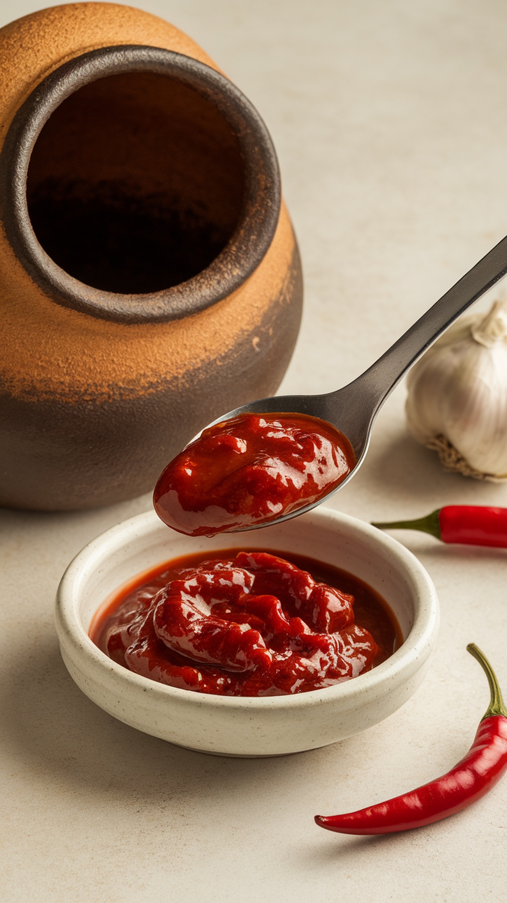 Bowl of gochujang with a spoon and a clay pot in the background.