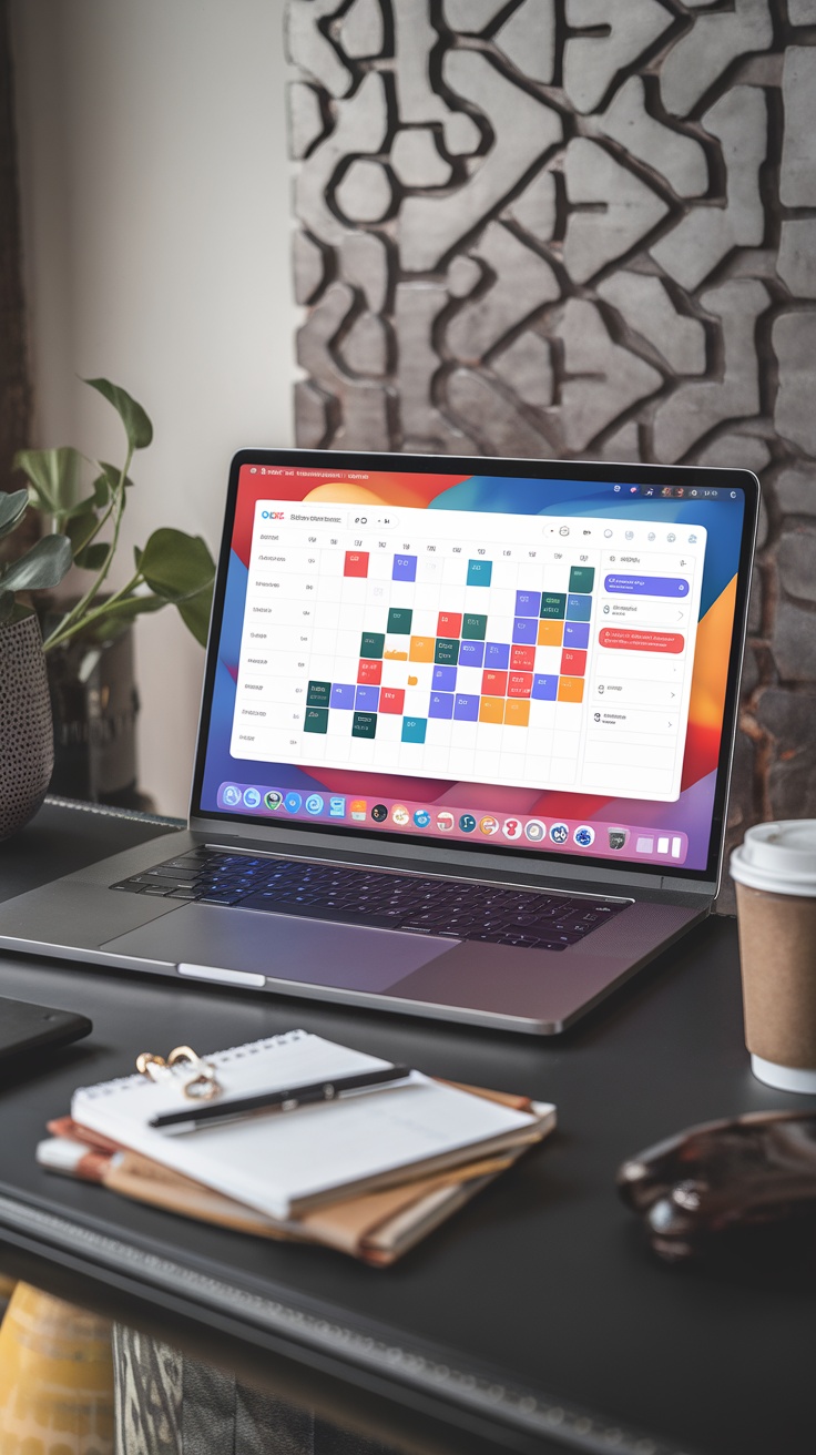 A laptop displaying Google Calendar with a colorful layout on a desk.