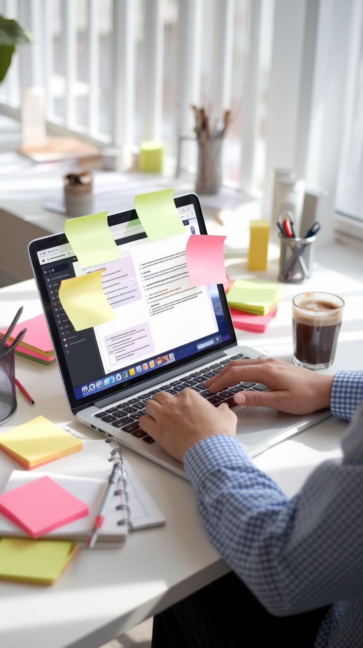 A person typing on a laptop with sticky notes on the screen and around the workspace.