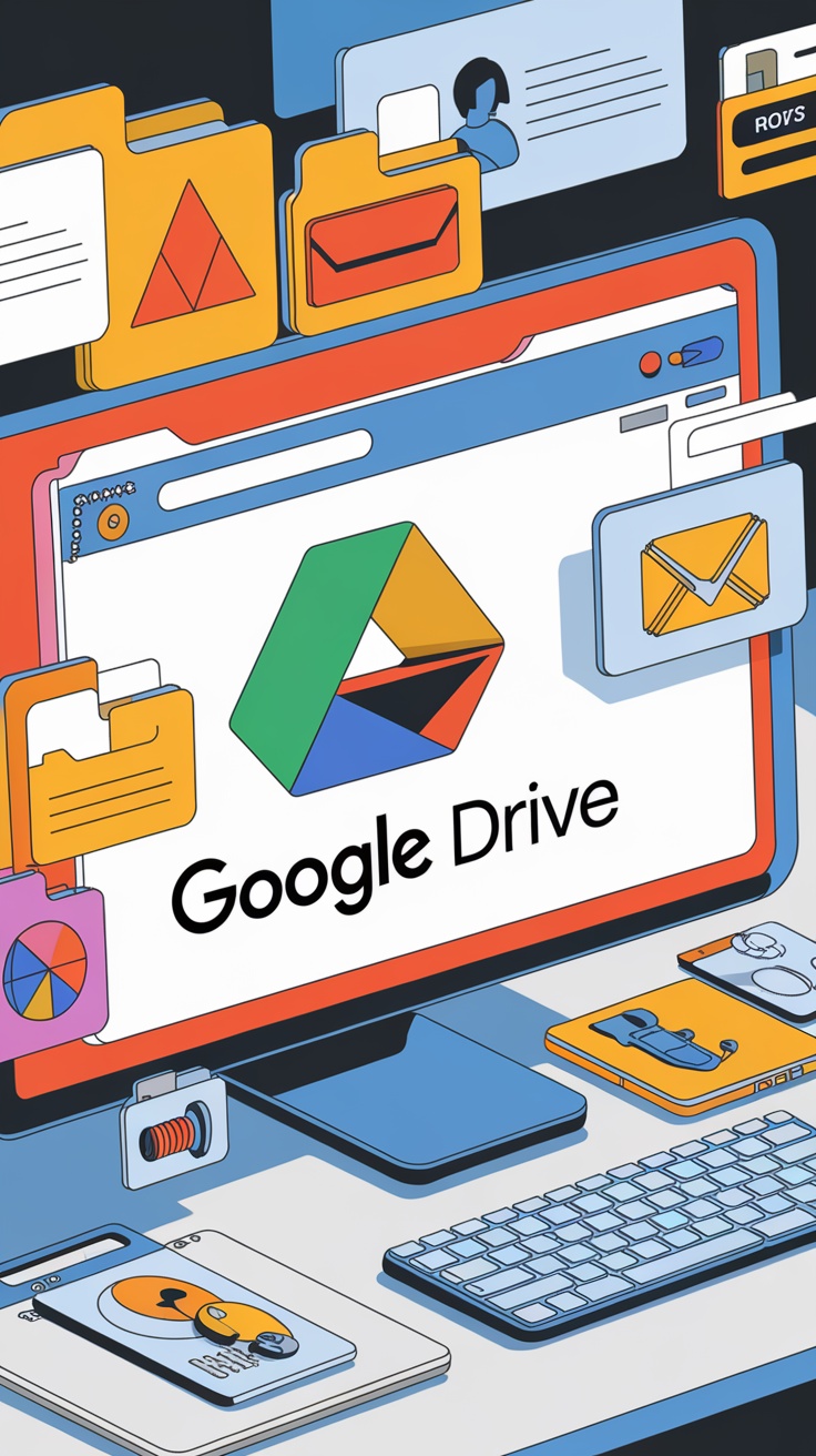 An illustration showing Google Drive's interface on a computer screen, with colorful file icons and the Google Drive logo.