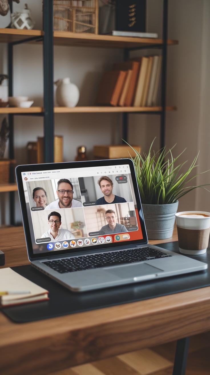 A laptop displaying a Google Meet video call with multiple participants in a cozy workspace.