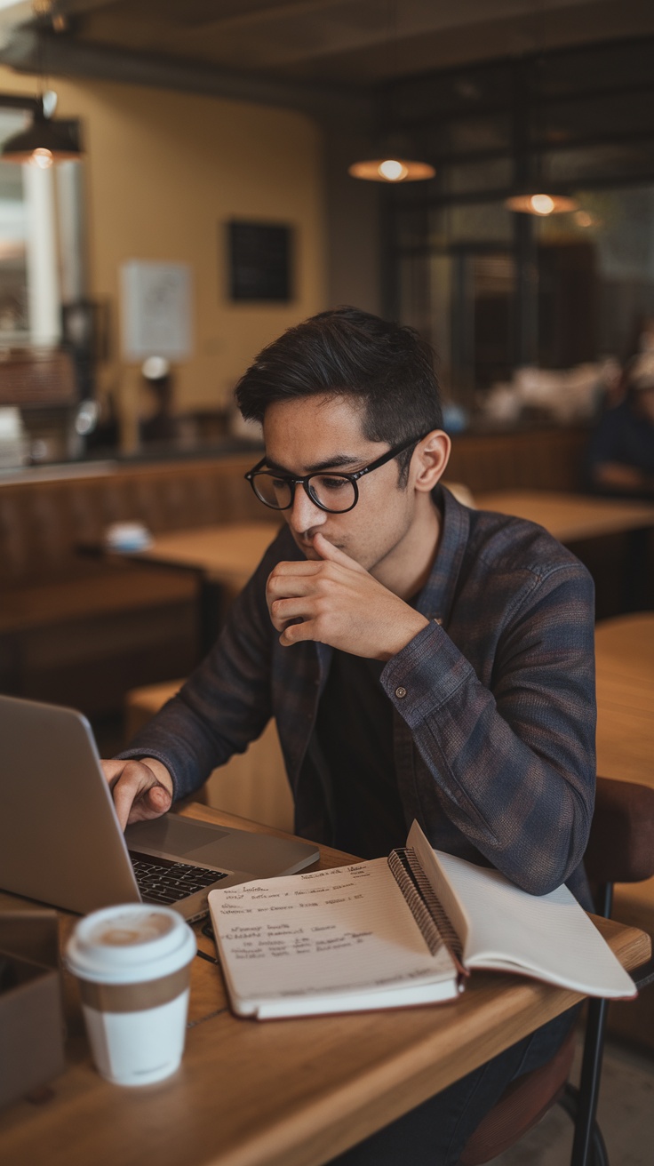 A freelancer working on a laptop in a café, with notes beside them.