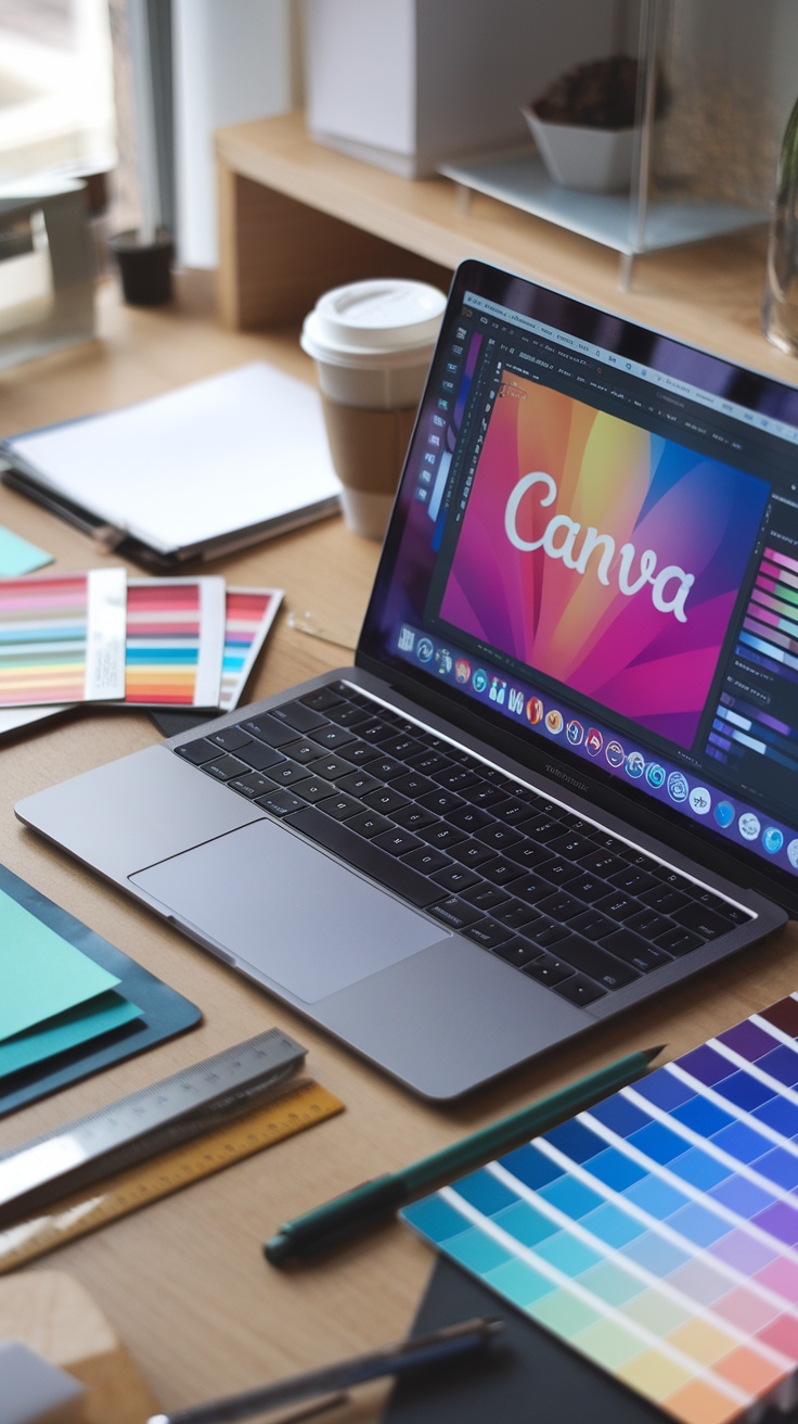 A laptop displaying Canva on a wooden desk with color swatches and a coffee cup