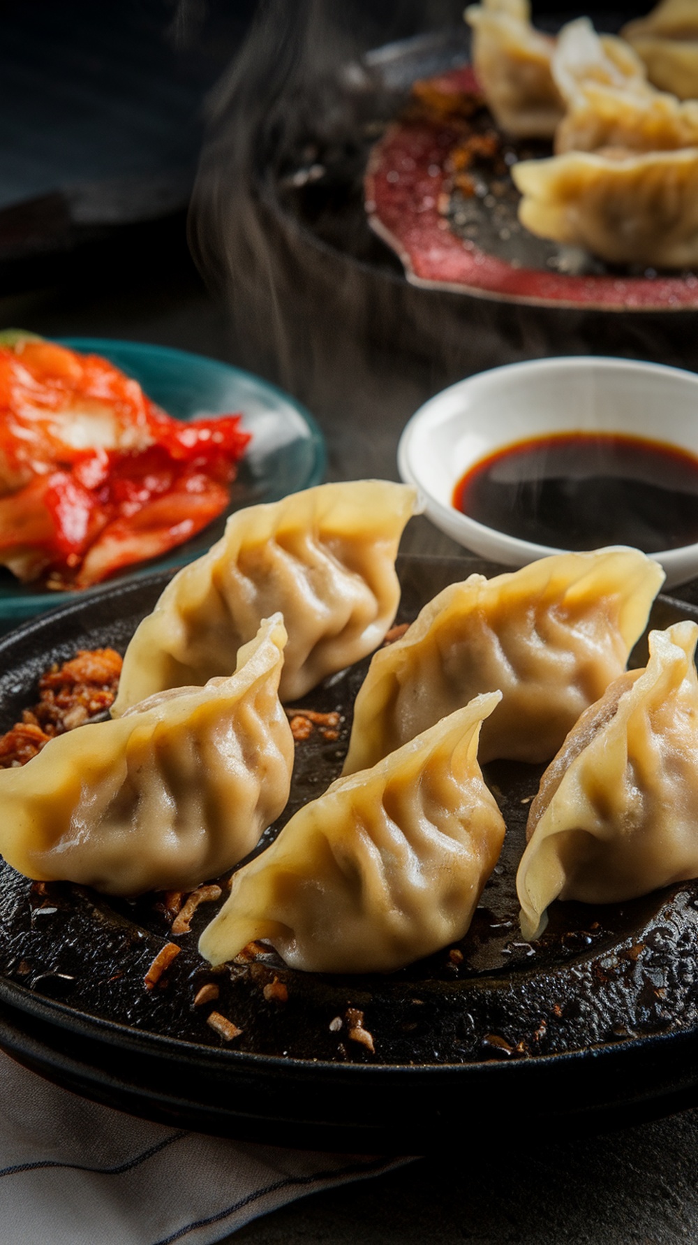 A plate of crispy fried dumplings served with dipping sauce and kimchi.