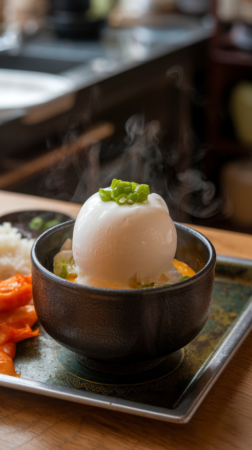 A steaming bowl of gyeran jjim topped with green onions.