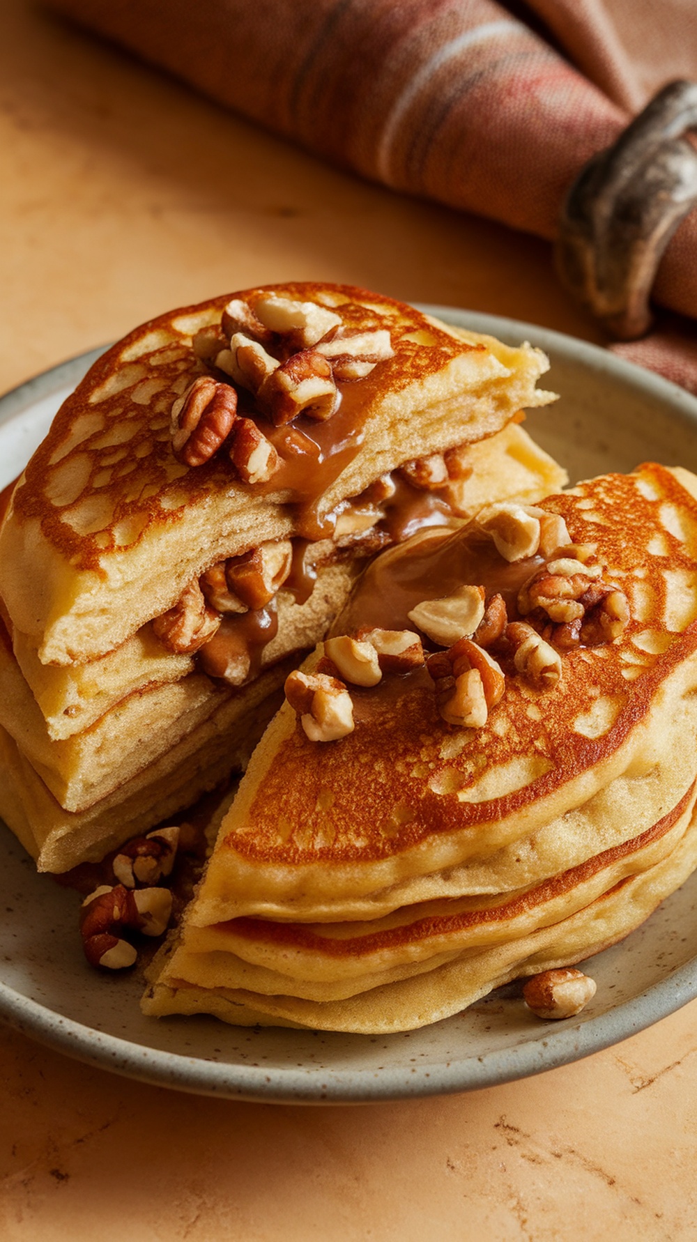 Delicious hotteok pancakes stacked and topped with nuts and syrup.