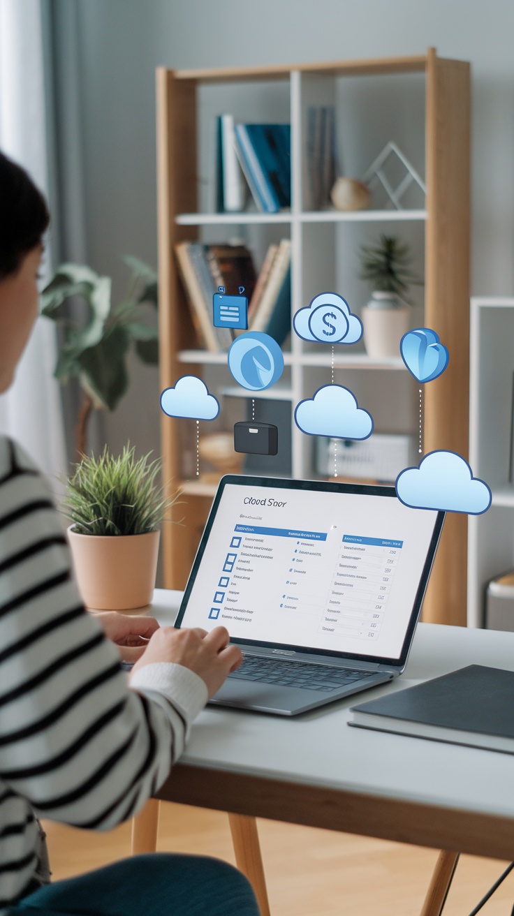 A person using a laptop to explore various cloud storage services with visual elements indicating features.