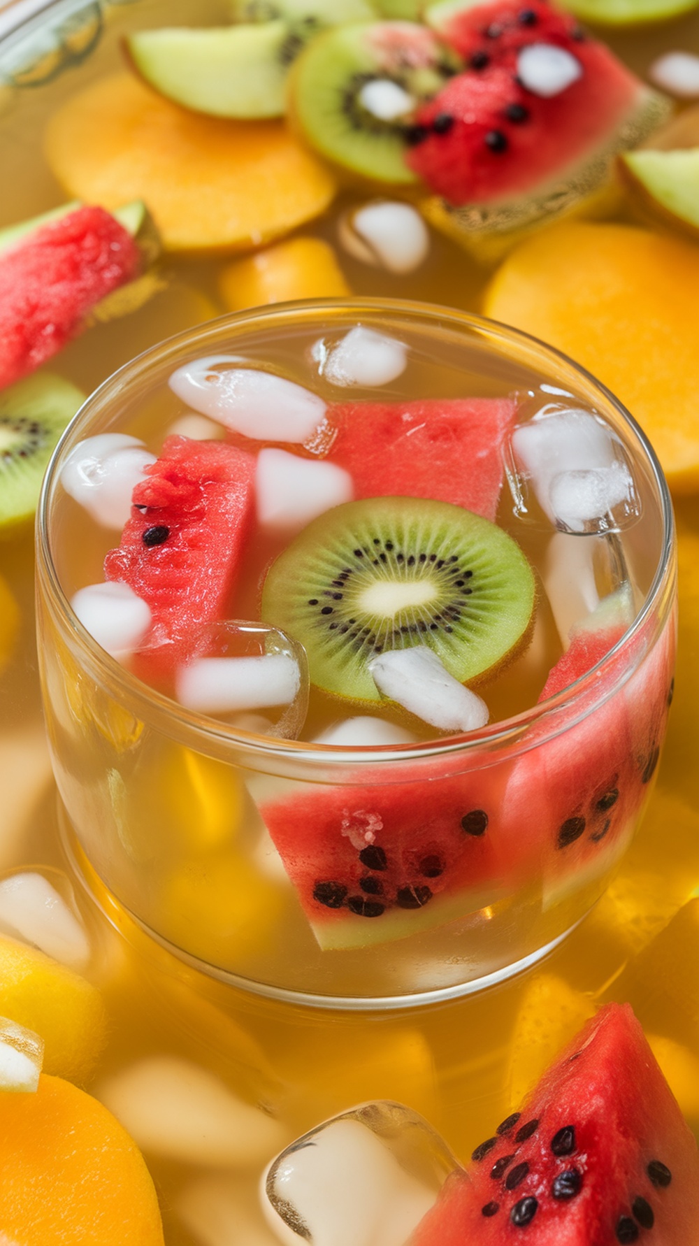 A bowl of Korean fruit punch with assorted diced fruits.