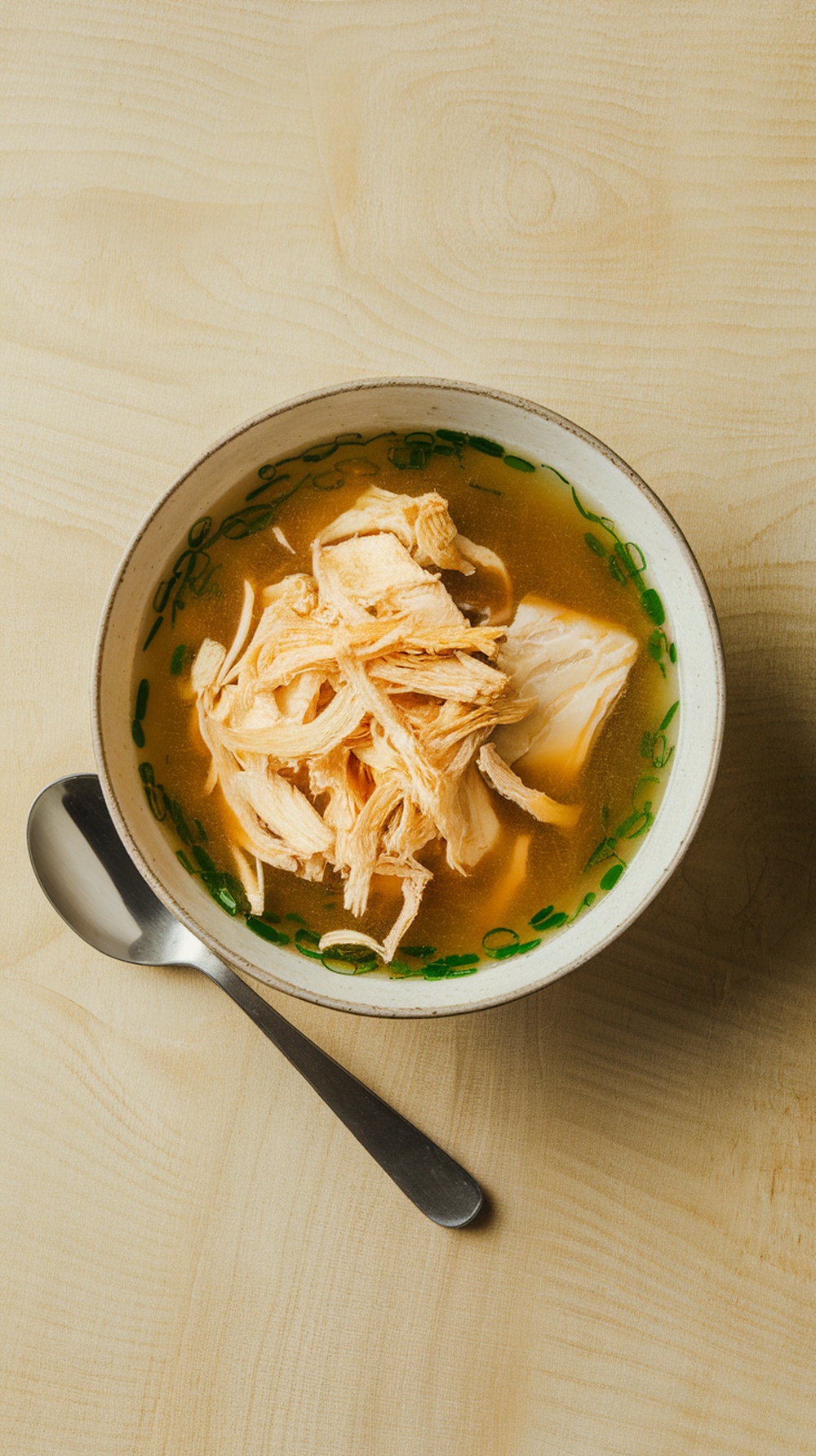 A bowl of Hwangtae-Guk featuring shredded dried pollock in a savory broth, garnished with green onions.