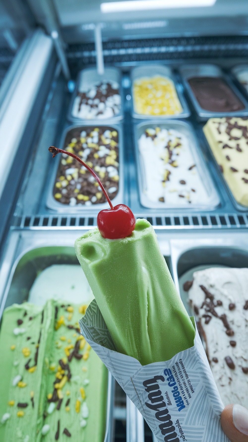 A selection of colorful Korean ice cream bars in a convenience store.